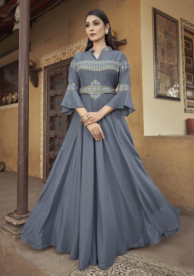 Grey Embroidered Muslin Anarkali Kurta
