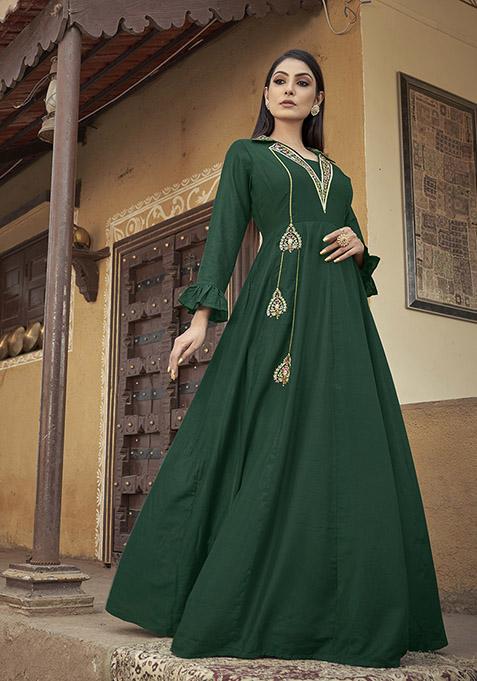 Green Embroidered Muslin Anarkali Kurta