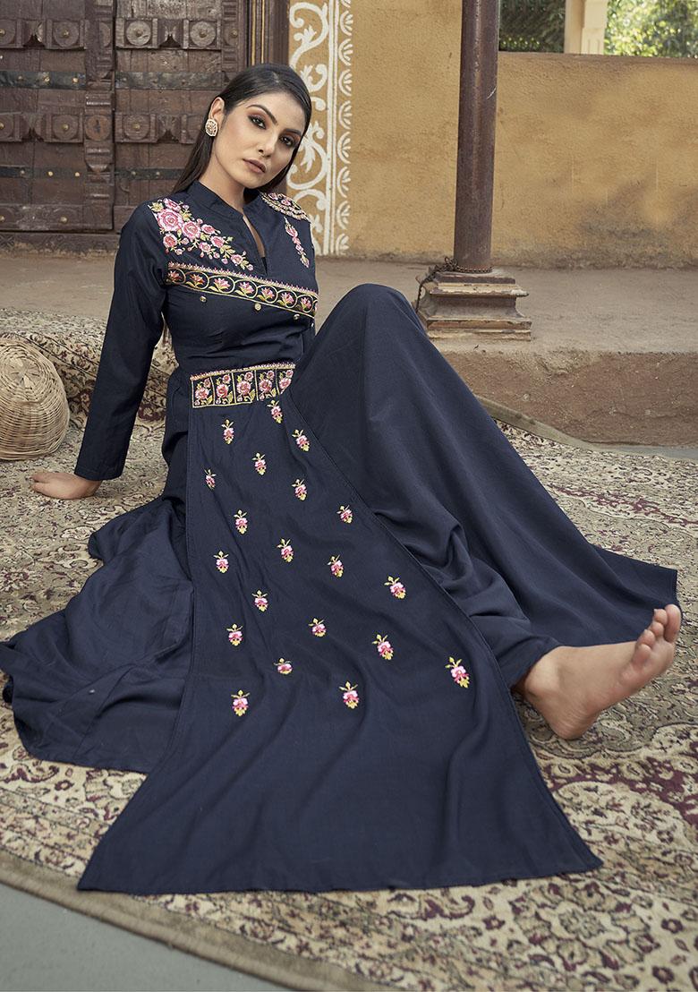 Navy Blue Embroidered Muslin Anarkali Kurta
