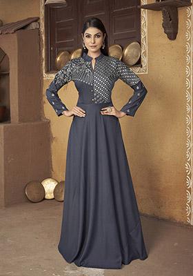 Grey Embroidered Muslin Anarkali Kurta