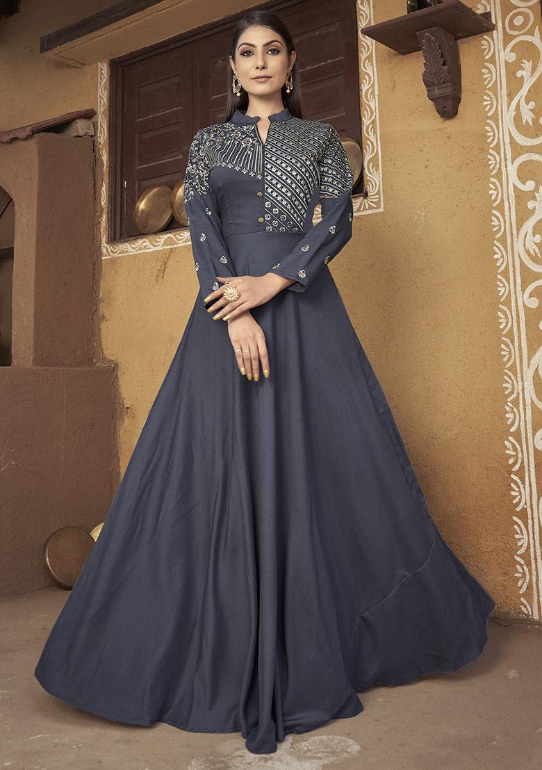 Grey Embroidered Muslin Anarkali Kurta