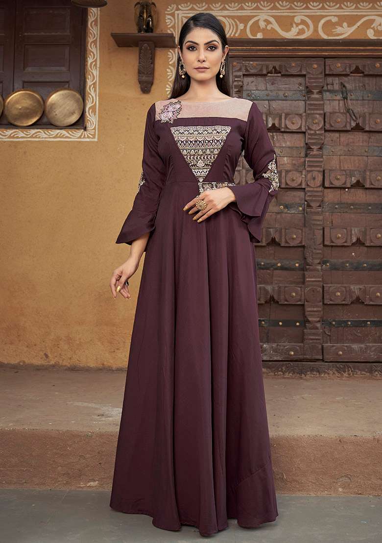 Wine Embroidered Muslin Anarkali Kurta - Indya