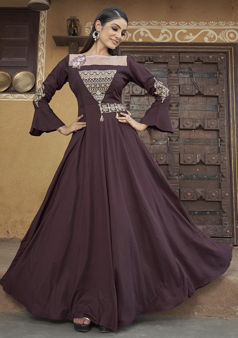 Wine Embroidered Muslin Anarkali Kurta