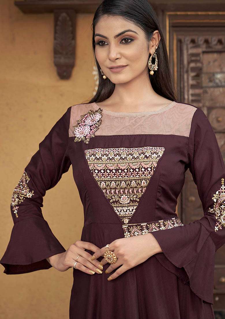 Wine Embroidered Muslin Anarkali Kurta - Indya