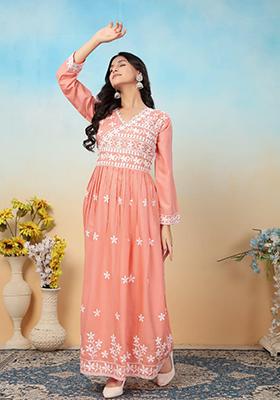 Peach Embroirdered Rayon Kurtas