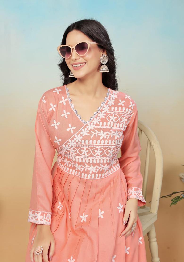 Peach Embroirdered Rayon Kurtas