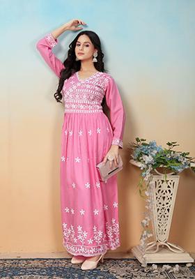 Pink Embroirdered Rayon Kurtas
