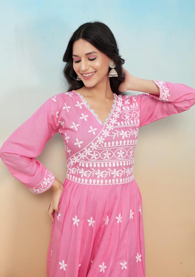 Pink Embroirdered Rayon Kurtas