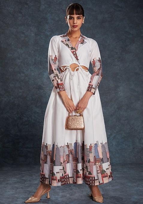 White Printed Poly Blend Dress