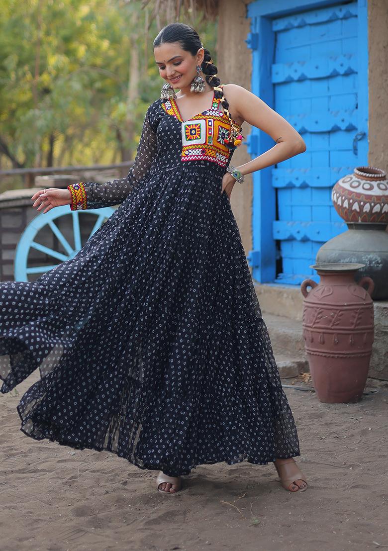 Black Bandhani Print Faux Georgette Anarkali Set