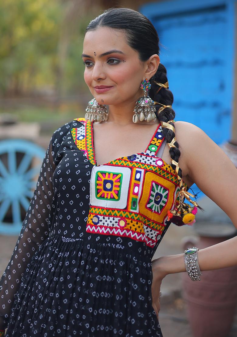 Black Bandhani Print Faux Georgette Anarkali Set