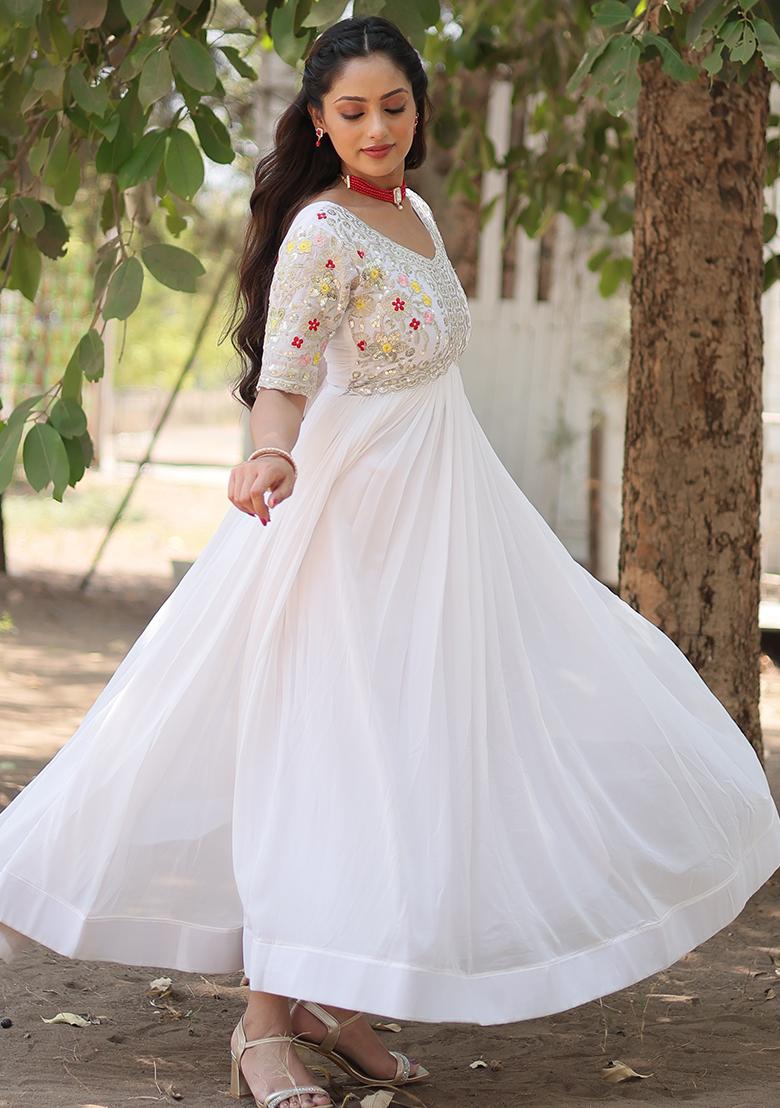 White Zari Sequin Embroidered Faux Blooming Anarkali Set