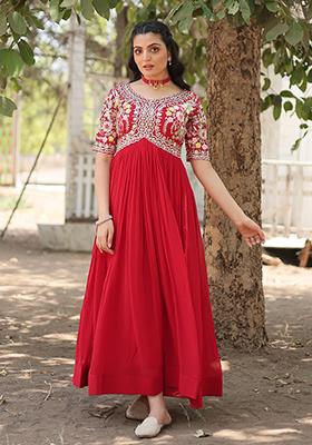 Red Zari Sequin Embroidered Faux Blooming Anarkali Set