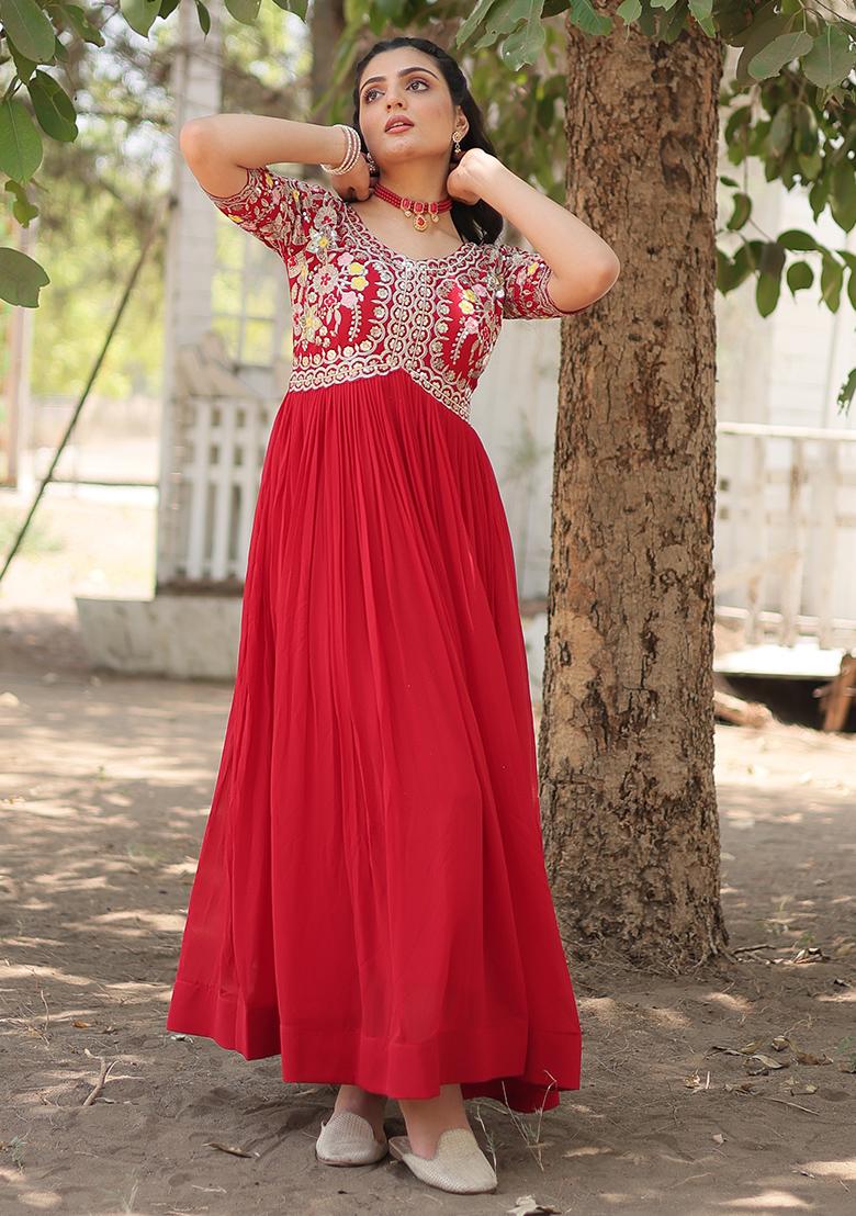 Red Zari Sequin Embroidered Faux Blooming Anarkali Set