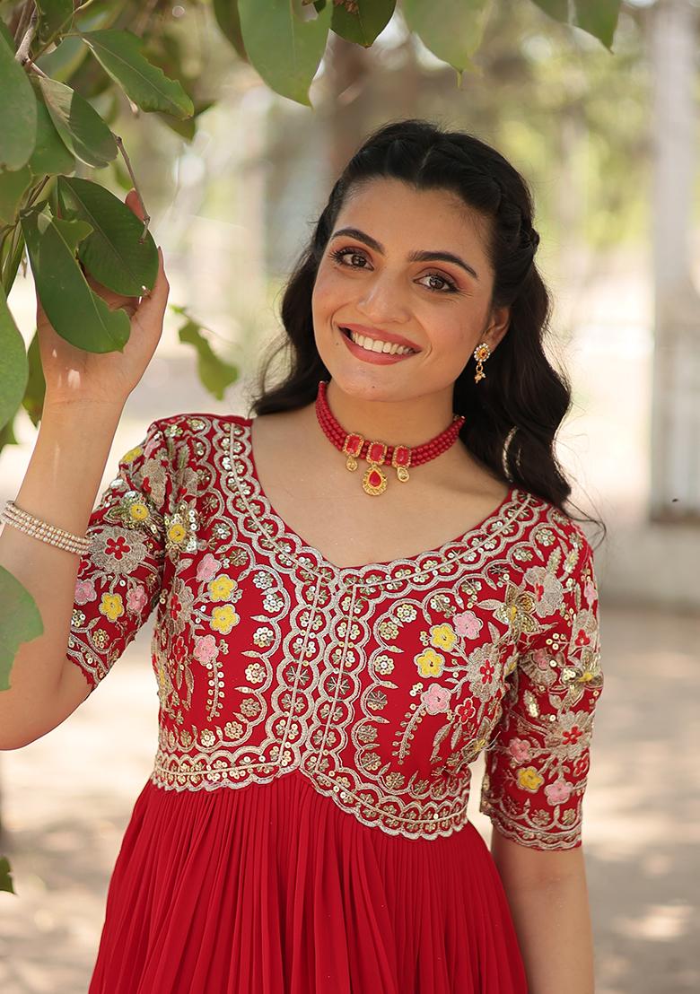 Red Zari Sequin Embroidered Faux Blooming Anarkali Set