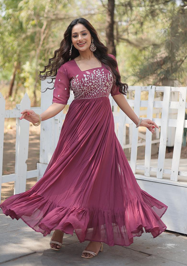 Dusty Rose Pink Sequin Embroidered Faux Georgette Anarkali Set