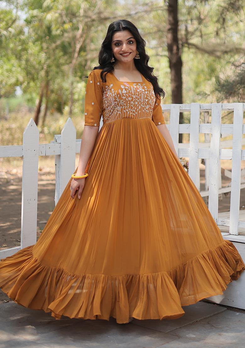 Mustard Sequin Embroidered Faux Georgette Anarkali Set