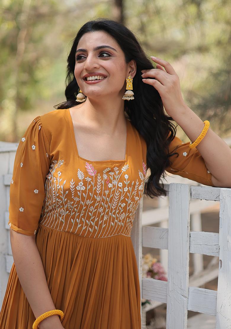 Mustard Sequin Embroidered Faux Georgette Anarkali Set