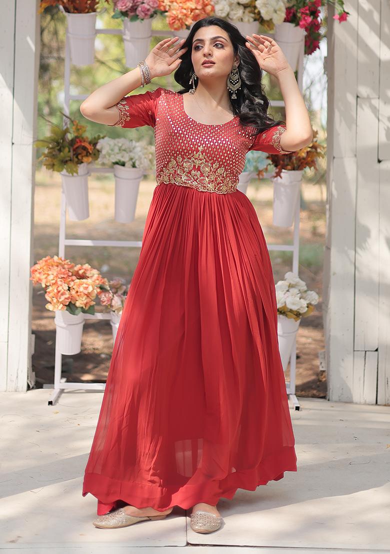 Orange Zari Sequin Embroidered Faux Blooming Anarkali Set