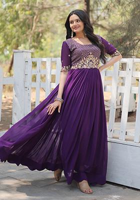 Purple Zari Sequin Embroidered Faux Blooming Anarkali Set