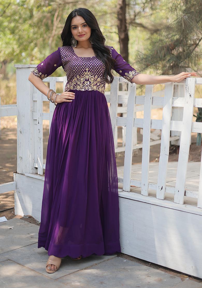 Purple Zari Sequin Embroidered Faux Blooming Anarkali Set