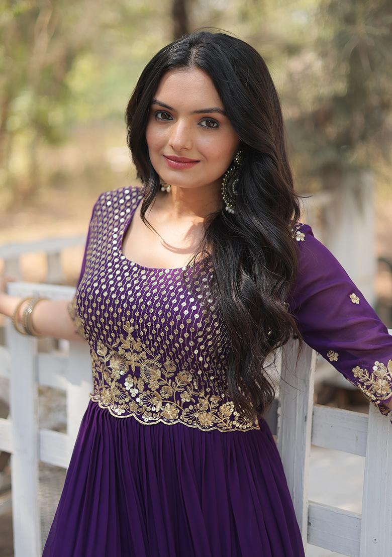 Purple Zari Sequin Embroidered Faux Blooming Anarkali Set
