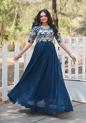 Rama Blue Zari Sequin Embroidered Faux Blooming Anarkali Set
