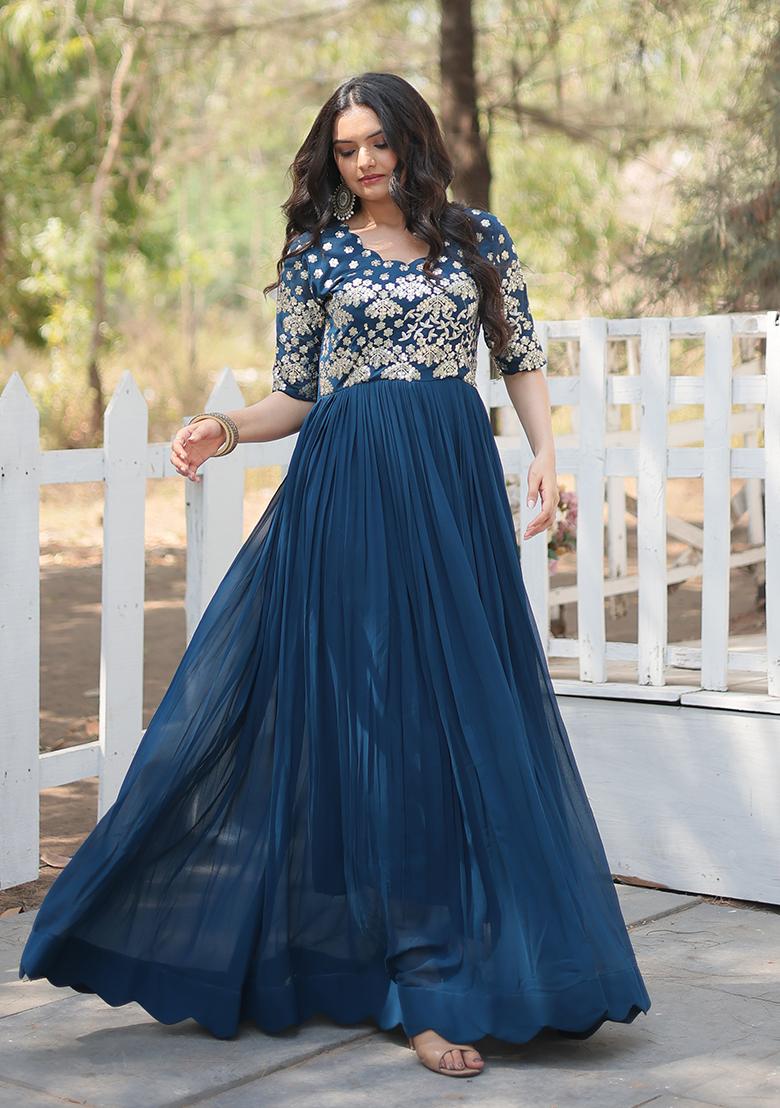Rama Blue Zari Sequin Embroidered Faux Blooming Anarkali Set