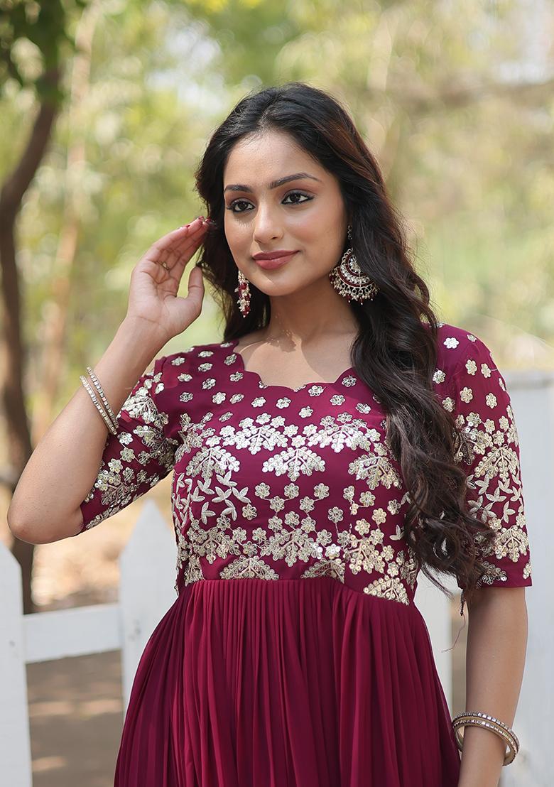 Plum Zari Sequin Embroidered Faux Blooming Anarkali Set