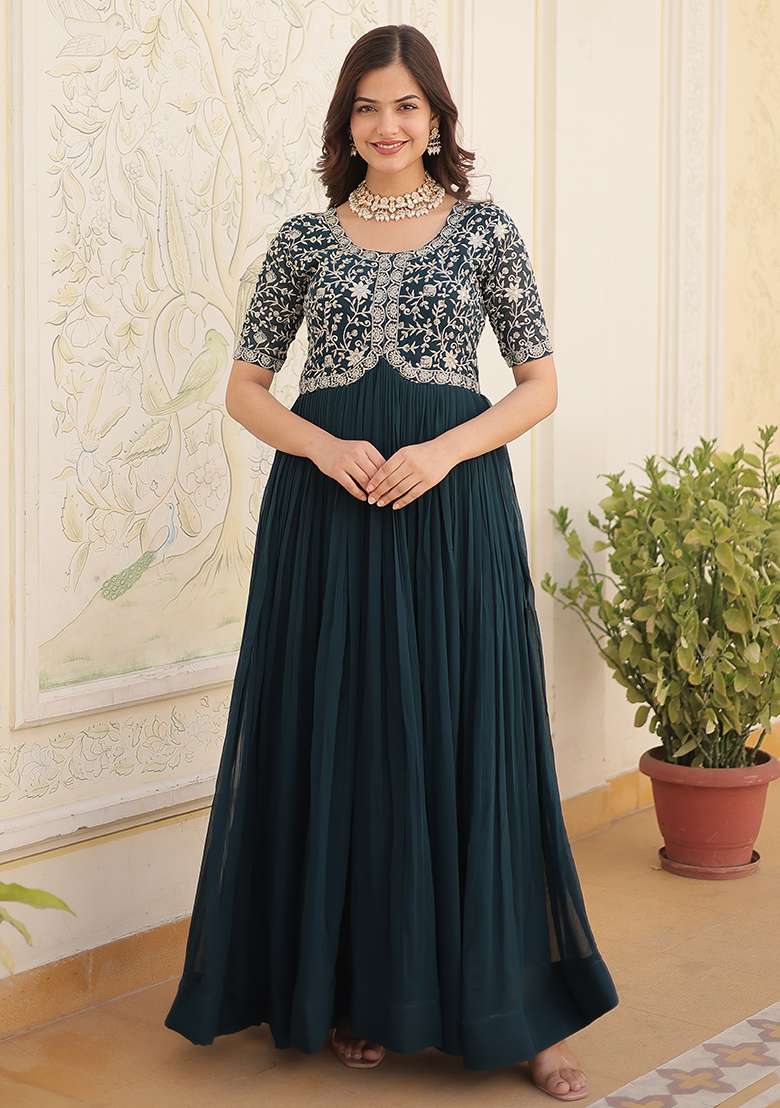 Rama Blue Embroidered Faux Blooming Gown Set - Indya