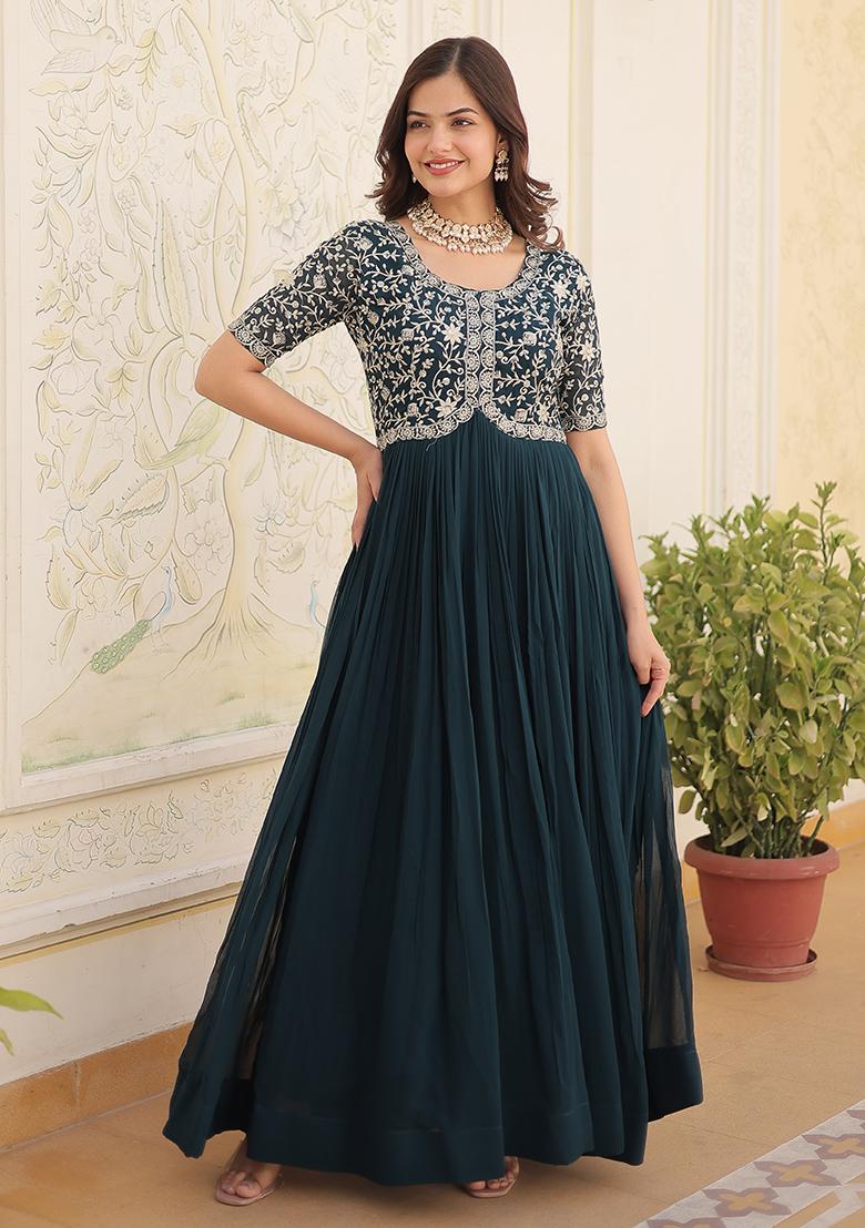 Rama Blue Zari Sequin Embroidered Faux Blooming Anarkali Set