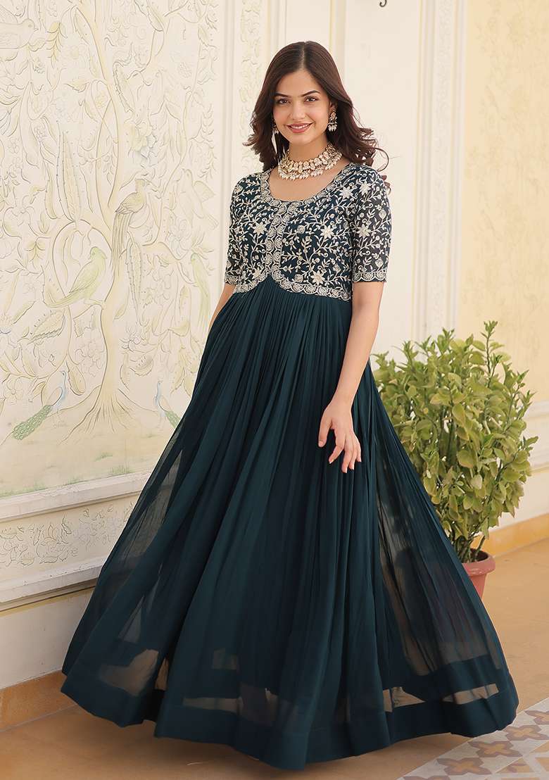 Rama Blue Embroidered Faux Blooming Gown Set - Indya