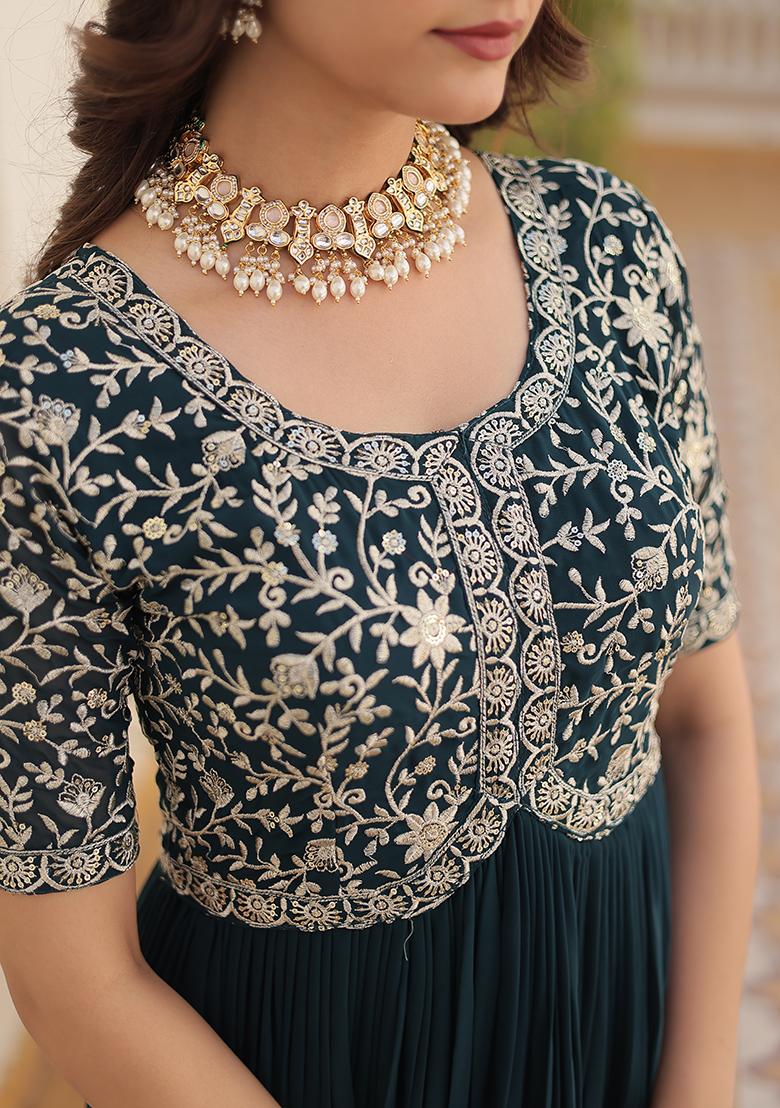 Rama Blue Zari Sequin Embroidered Faux Blooming Anarkali Set