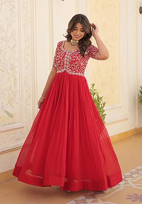 Red Zari Sequin Embroidered Faux Blooming Anarkali Set