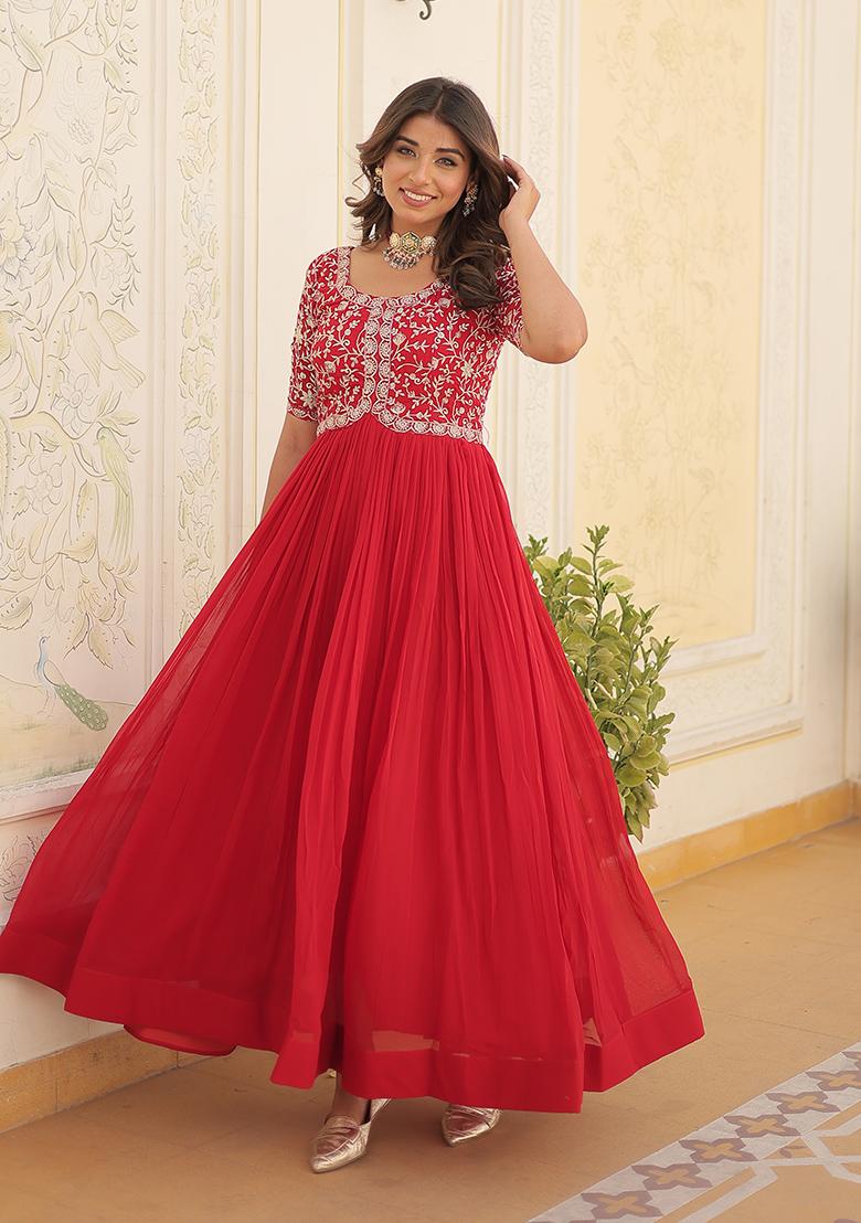 Red Zari Sequin Embroidered Faux Blooming Anarkali Set