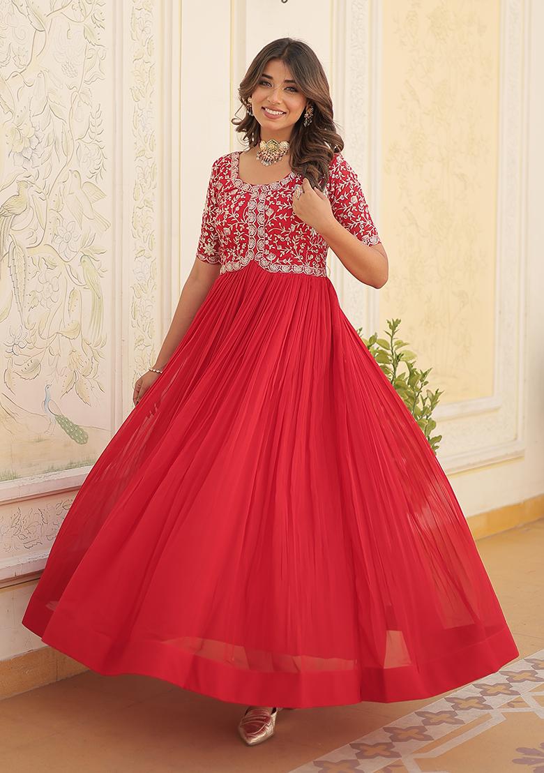 Red Zari Sequin Embroidered Faux Blooming Anarkali Set