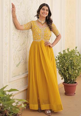 Yellow Zari Sequin Embroidered Faux Blooming Anarkali Set