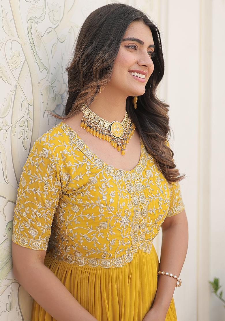 Yellow Zari Sequin Embroidered Faux Blooming Anarkali Set