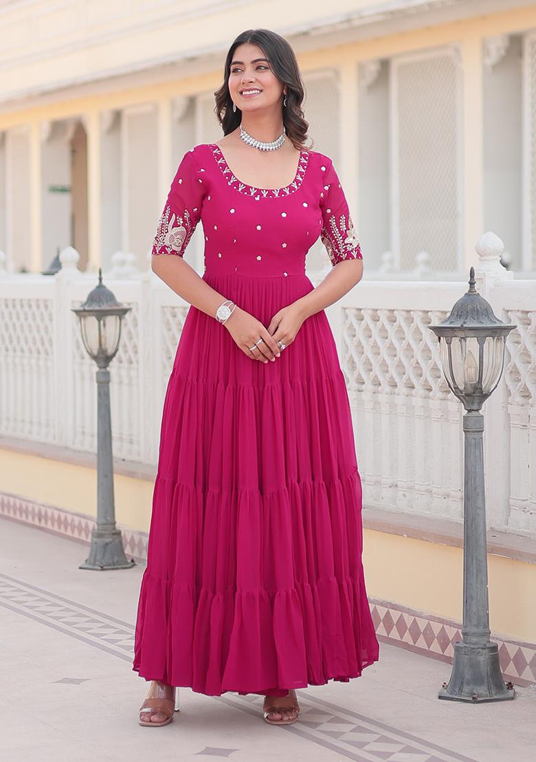 Pink Zari Sequin Embroidered Faux Blooming Anarkali Set
