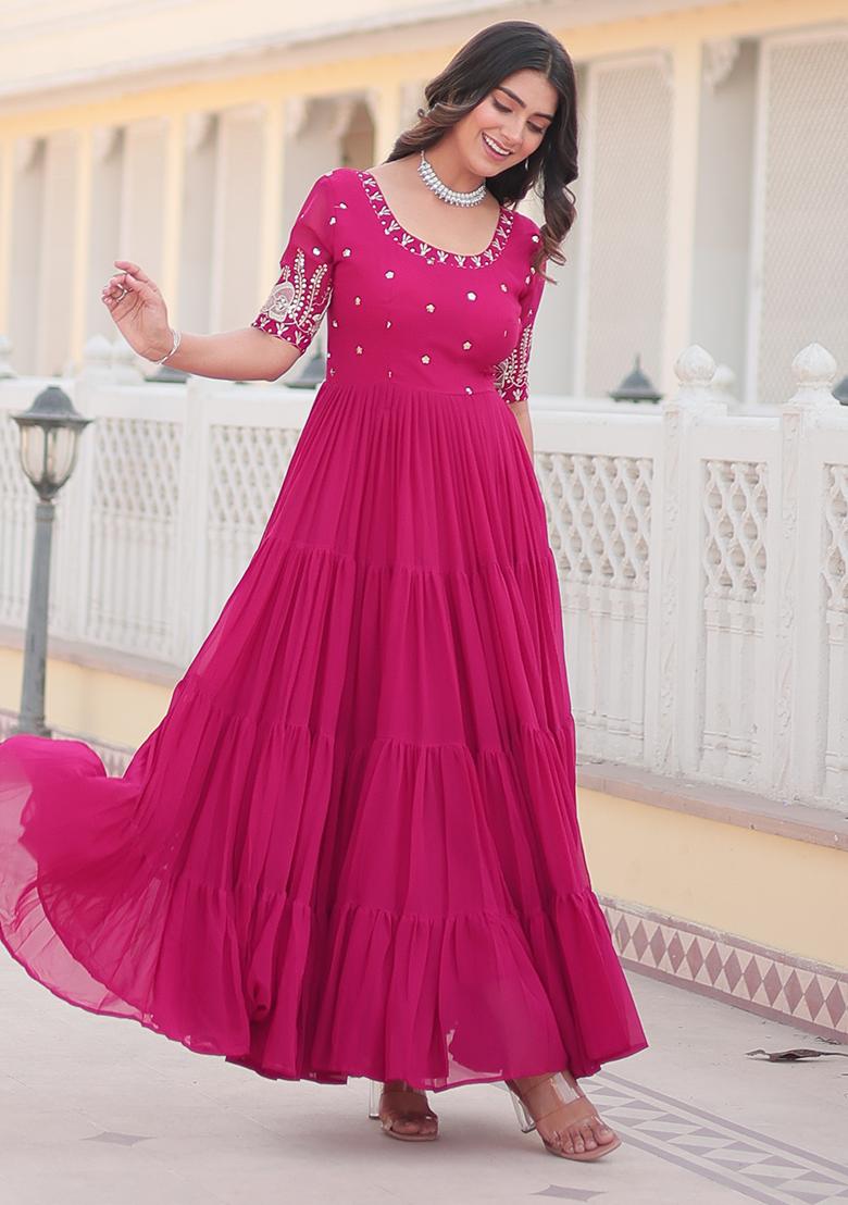 Pink Zari Sequin Embroidered Faux Blooming Anarkali Set