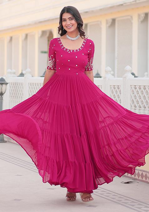 Pink Zari Sequin Embroidered Faux Blooming Anarkali Set