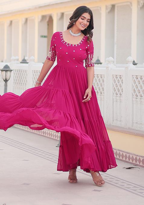 Pink Zari Sequin Embroidered Faux Blooming Anarkali Set