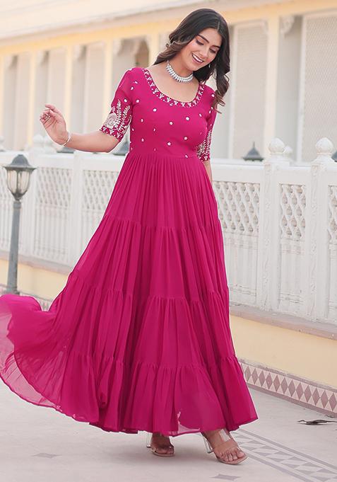 Pink Zari Sequin Embroidered Faux Blooming Anarkali Set