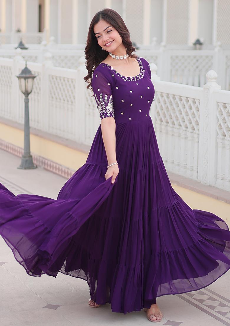 Purple Zari Sequin Embroidered Faux Blooming Anarkali Set
