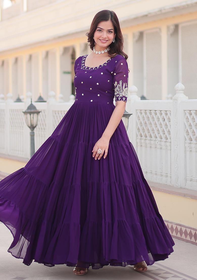 Purple Zari Sequin Embroidered Faux Blooming Anarkali Set