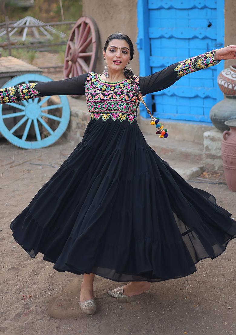 Black Gamthi Work Faux Blooming Anarkali Set