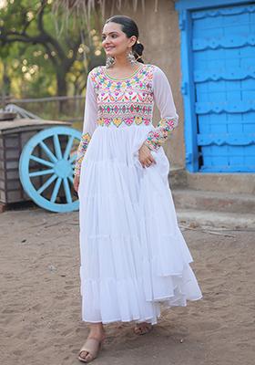 White Gamthi Work Faux Blooming Anarkali Set