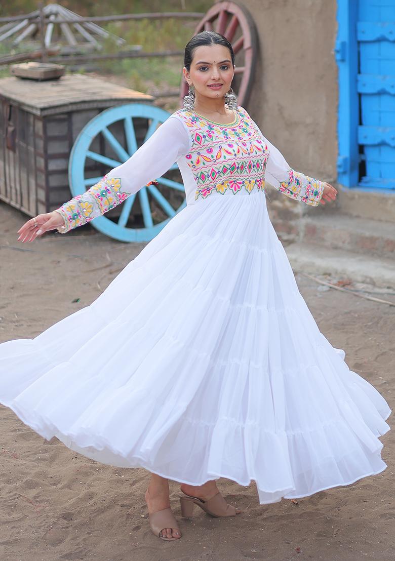 White Gamthi Work Faux Blooming Anarkali Set