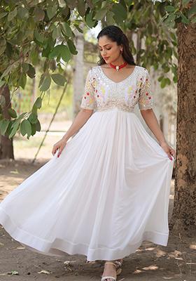 White Gamthi Work Faux Georgette Anarkali Set