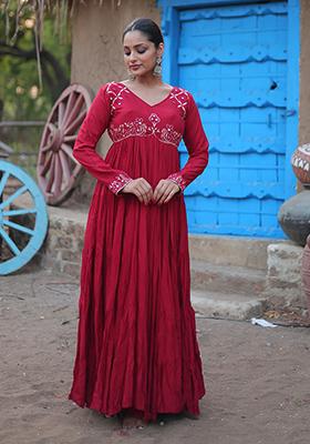 Maroon Mirror Embroidered Rayon Anarkali Set